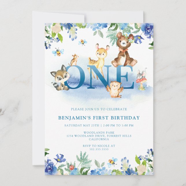 Invitación Primer cumpleaños del Woodland Blue (Anverso)