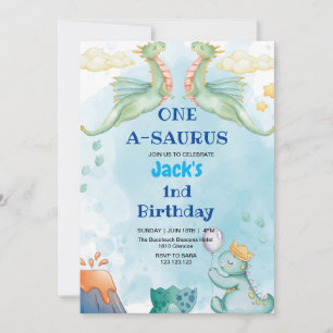 Invitación Primer cumpleaños Dinosaurio acuarela Azul claro