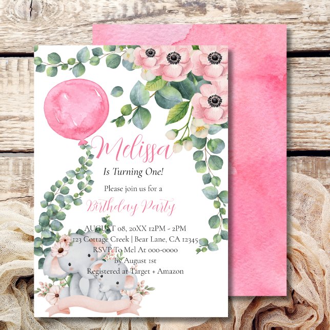 Invitación Primer cumpleaños: elefante eucalipto con globo ro (Subido por el creador)