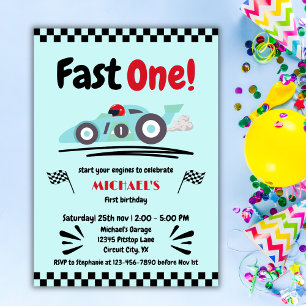 Invitación Primer cumpleaños Fast One Vintage Blue Race Car