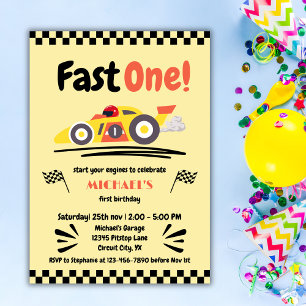 Invitación Primer cumpleaños Fast One Yellow Vintage Race Car
