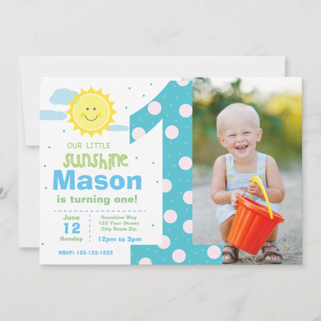Invitación Primer cumpleaños Fiesta Blue Sunshine con foto (Anverso)