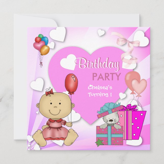 Invitación Primer Cumpleaños Fiesta de 1er Cumpleaños Corazon (Anverso)