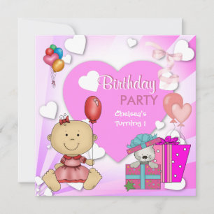 Invitación Primer Cumpleaños Fiesta de 1er Cumpleaños Corazon
