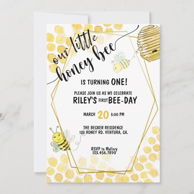 INVITACIÓN PRIMER CUMPLEAÑOS, FIESTA DE ABEJAS, TEMA DE ABEJA (Anverso)