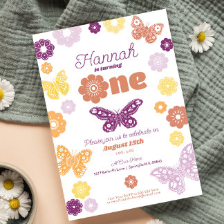 Invitación Primer cumpleaños fiesta de retro mariposa cumplea