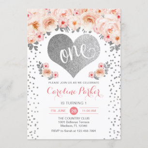 Invitación Primer cumpleaños - Floral rosa blanca del corazón