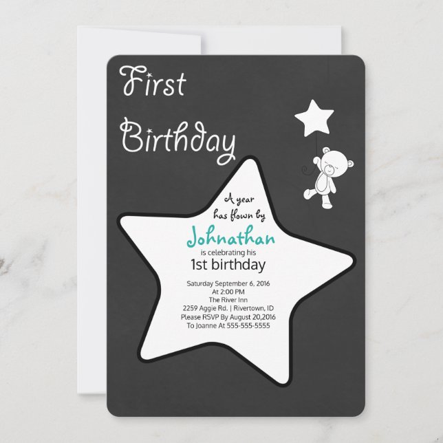 Invitación Primer cumpleaños flotante de Teddy Bear & Star Ba (Anverso)