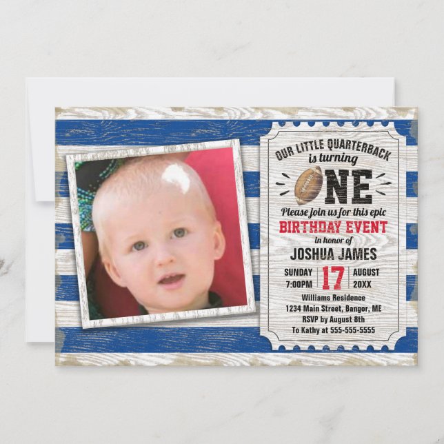 Invitación Primer cumpleaños foto azul rústica de fútbol (Anverso)