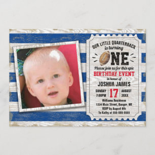 Invitación Primer cumpleaños foto azul rústica de fútbol