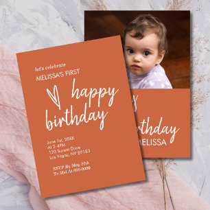Invitación Primer cumpleaños foto Boho Heart Terracotta