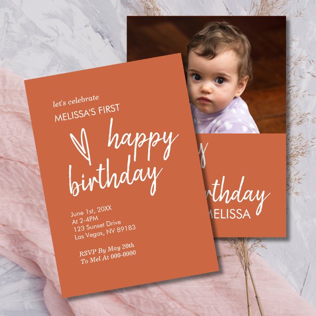 Invitación Primer cumpleaños foto Boho Heart Terracotta (Subido por el creador)