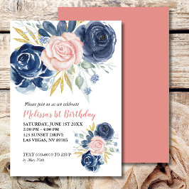 Invitación Primer cumpleaños foto floral azul de la marina ro