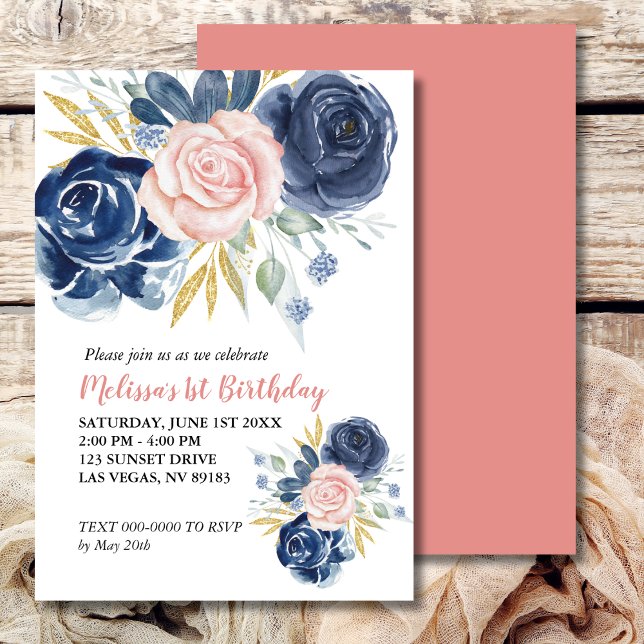 Invitación Primer cumpleaños foto floral azul de la marina ro (Subido por el creador)