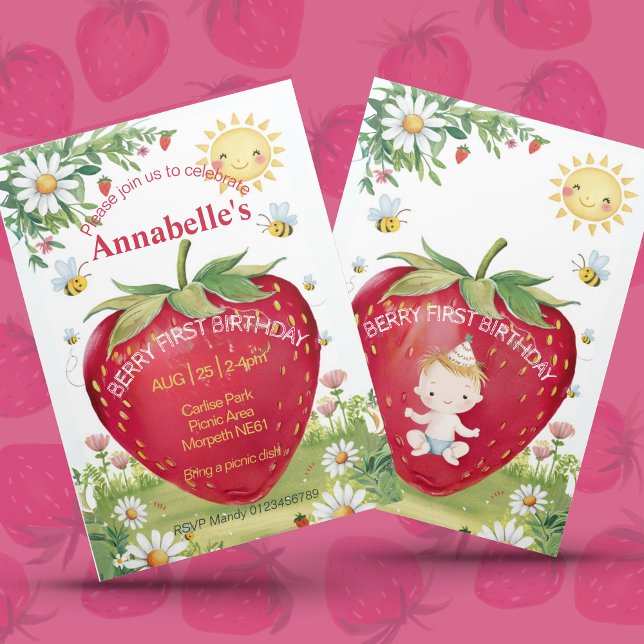 Invitación Primer cumpleaños Fresa Picnic Sweet un verano (Subido por el creador)