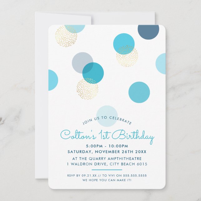 Invitación PRIMER CUMPLEAÑOS grandes puntos de confeti chico  (Anverso)