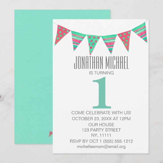 Invitación Primer cumpleaños Green Red Bunting (Anverso / Reverso)
