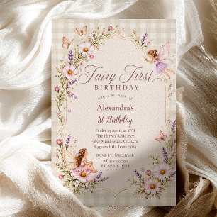 Invitación Primer cumpleaños hadita flores silvestres gingham
