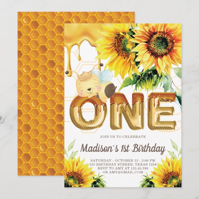 Invitación Primer cumpleaños Honey Bee cumpleaños Sunflower (Anverso / Reverso)