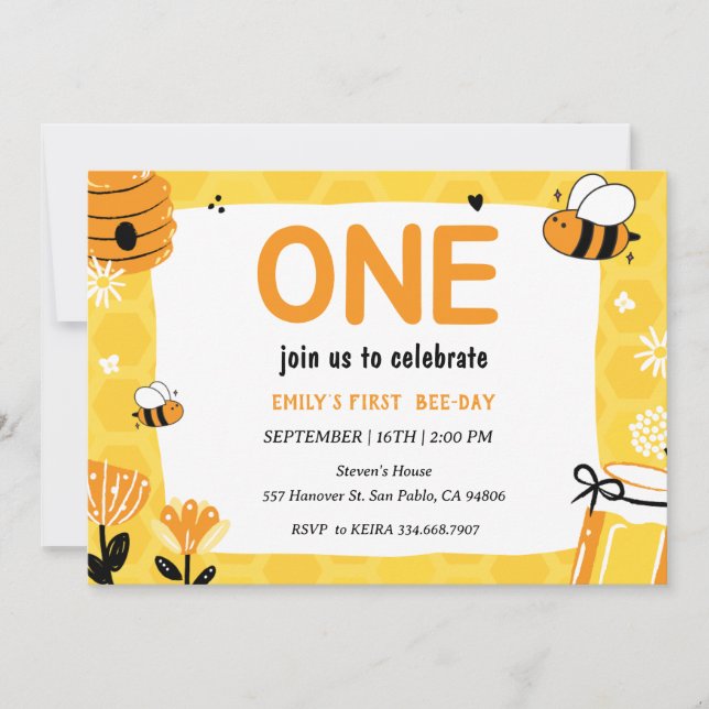 Invitación Primer cumpleaños Honey Bee First Bee-Day (Anverso)