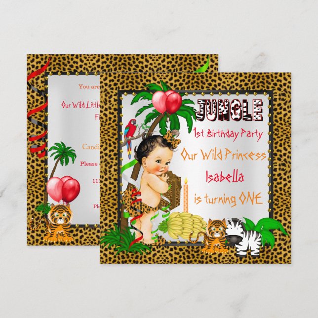 Invitación Primer Cumpleaños Leopardo Safari Selvatico Jungle (Anverso / Reverso)