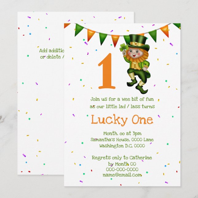 Invitación Primer cumpleaños leprechaun afortunado un clover  (Anverso / Reverso)