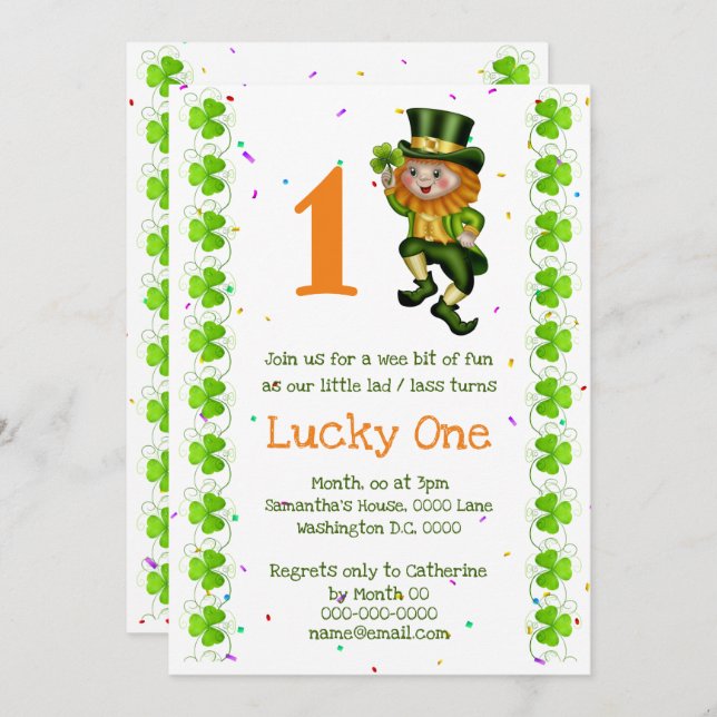 Invitación Primer cumpleaños leprechaun afortunado un clover  (Anverso / Reverso)