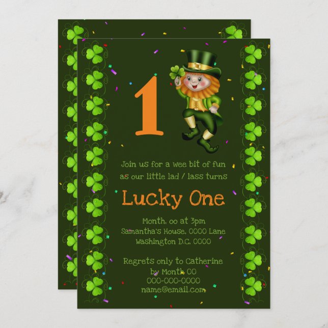 Invitación Primer cumpleaños leprechaun afortunado un shamroc (Anverso / Reverso)