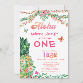 Invitación Primer cumpleaños Luau Tropical Floral Pineapple