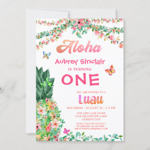 Invitación Primer cumpleaños Luau Tropical Floral Pineapple