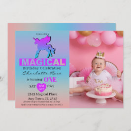 Invitación Primer cumpleaños mágico Unicornio azul rosado