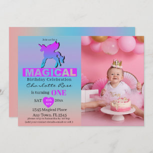 Invitación Primer cumpleaños mágico Unicornio azul rosado