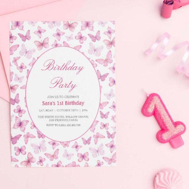 Invitación Primer cumpleaños mariposas rosadas y violetas (Subido por el creador)