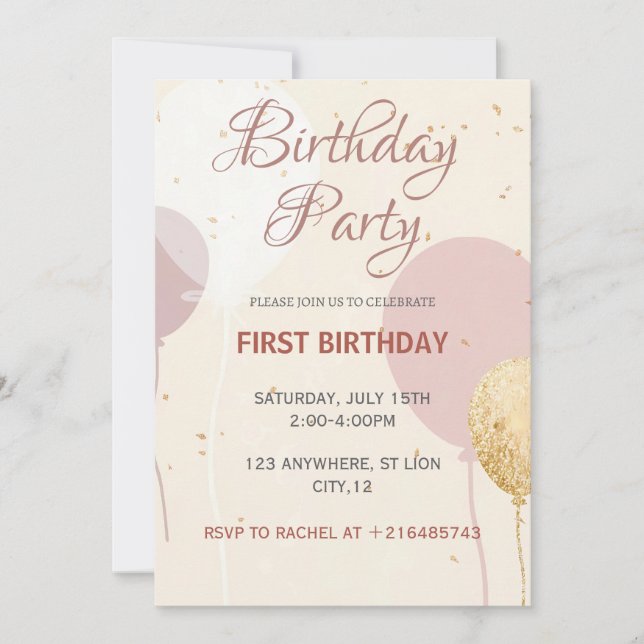 Invitación Primer cumpleaños mínimo de Rubor Balloon para Chi (Anverso)