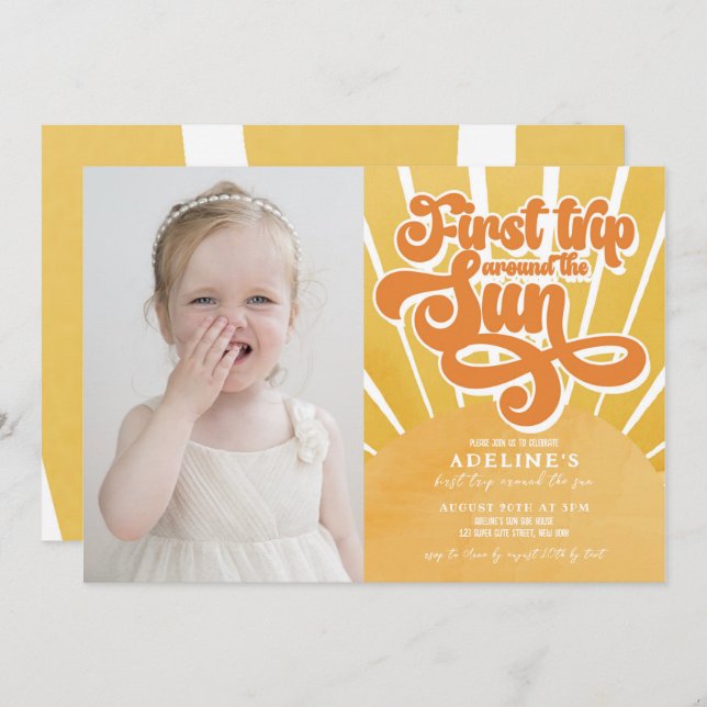 Invitación Primer cumpleaños Naranja del Sol Boho Cute Fiesta (Anverso / Reverso)