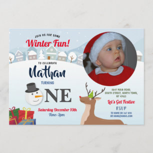 Invitación Primer cumpleaños Navidades Fiesta foto Snowman Wi