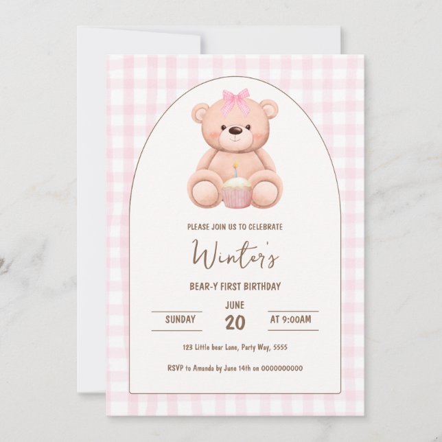 Invitación Primer cumpleaños Neutral Teddy Pink Gingham Bow (Anverso)