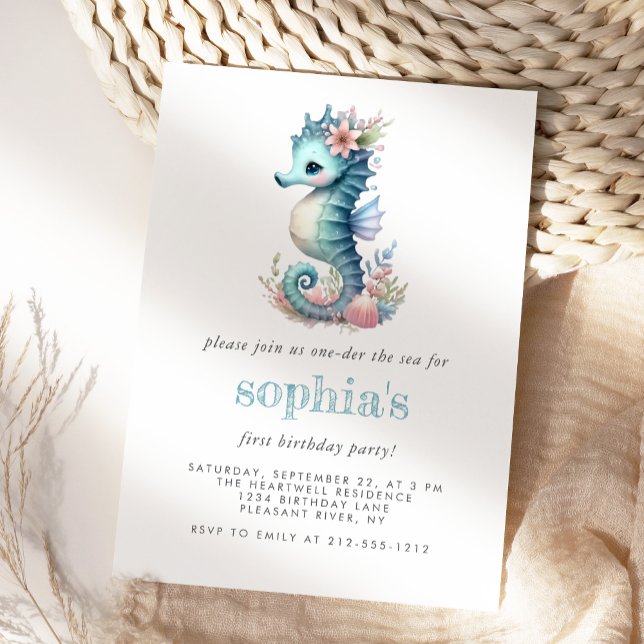 Invitación Primer Cumpleaños Niña Caballito de Mar Acuarela A (Subido por el creador)