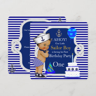 Invitación Primer Cumpleaños Niño Marinero Franja Azul Marino