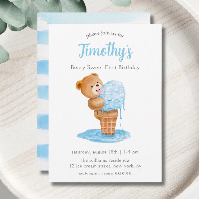 Invitación Primer cumpleaños niño Teddy Bear Crema de hielo (Subido por el creador)
