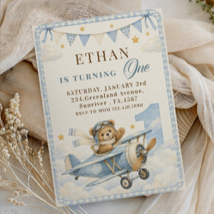 Invitación Primer Cumpleaños Oso de Peluche a Cuadros Azules 