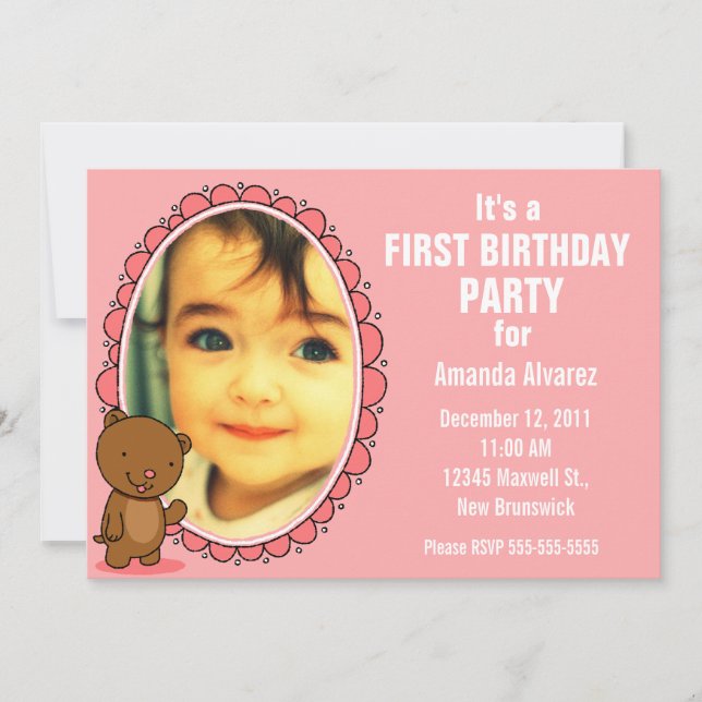 Invitación Primer cumpleaños - Oso de Teddy rosa (Anverso)