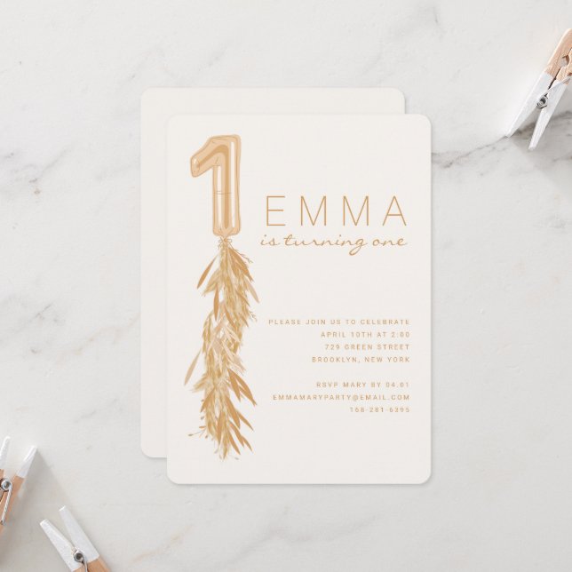 Invitación Primer cumpleaños Pampas Balloon Garland Invitació (Anverso/Reverso In Situ)