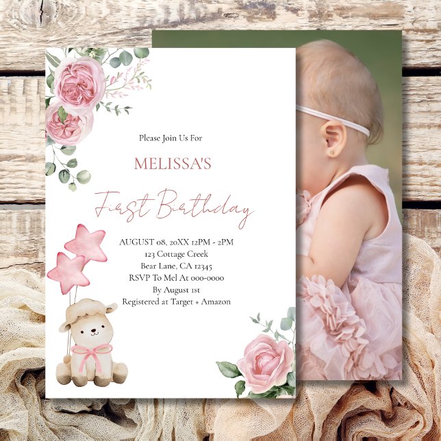 Invitación Primer cumpleaños, pequeñas rosas rosadas de corde (Subido por el creador)
