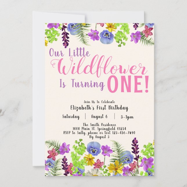 Invitación Primer cumpleaños Pequeño Chica floral de flores s (Anverso)