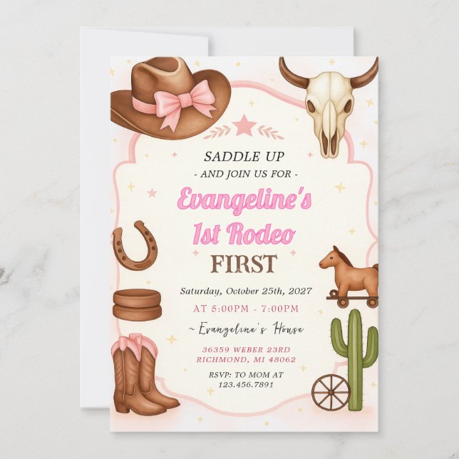 Invitación Primer cumpleaños personal de Rodeo Chica Cowgirl (Anverso)