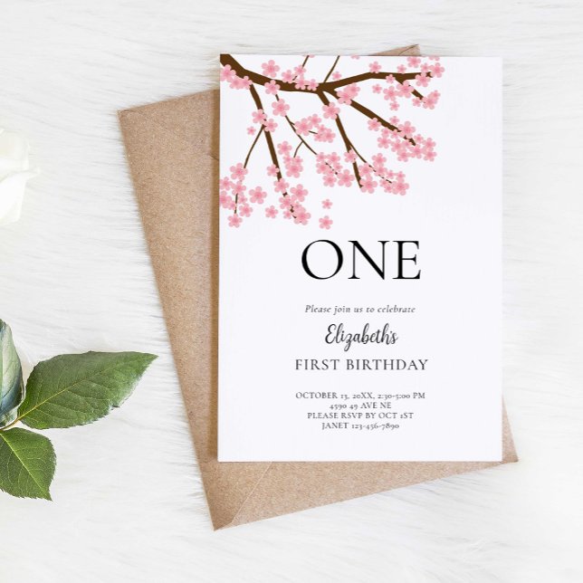 Invitación Primer cumpleaños primavera cerezo florecimiento f (Subido por el creador)