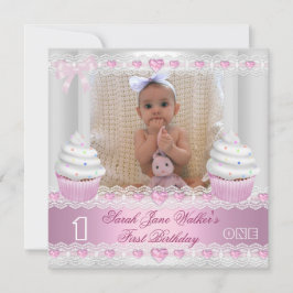 Invitación Primer cumpleaños primer Chica pastel de rosa blan