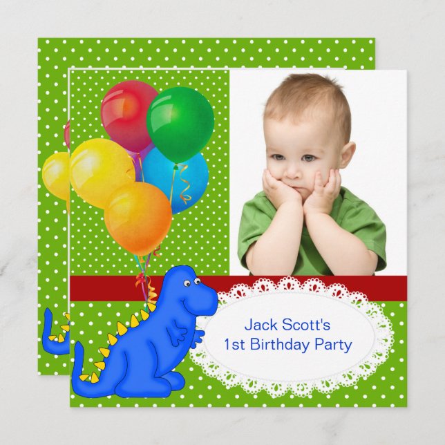 Invitación Primer cumpleaños primer dinosaurio Green Blue Boy (Anverso / Reverso)