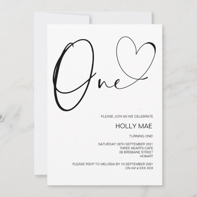 Invitación Primer cumpleaños, primer Fiesta, corazón lindo (Anverso)